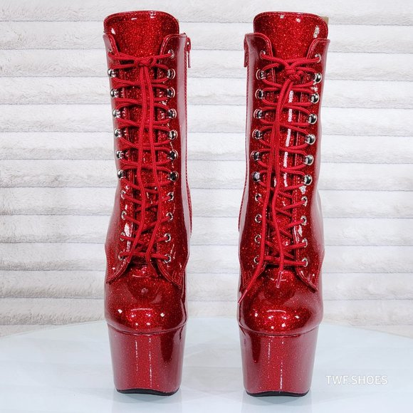 Ruby Red Glitter Patent 7" High Heel Platform Lace Up Ankle Boots 1020GP - Picture 8 of 8